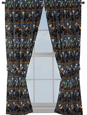 Jay Franco Kids Window Drapes - 4 Piece Curtain Set Includes 2 Tiebacks, Beautiful Bedding Room Décor and Easy Set Up, Black - Monster Jam, 63 Inch
