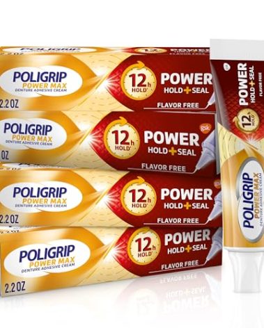 Poligrip Power Max Power Hold plus Seal Denture Adhesive Cream, Denture Cream for Secure Hold and Food Seal, Flavor Free - 2.2 oz (Pack of 4)