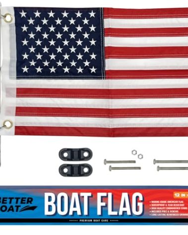 Boat Flag Pole Kit, 12" x 18" Small US American Flag Set, Marine Grade, Dock or Rail Mount Holder, Pontoon Accessories, USA Burgee Flags