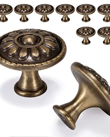 Fecraf 10 Pack Antique Brass Cabinet Knobs, Vintage Retro Drawer Knobs, Solid Round Dresser Knobs for Nightstands Single Hole Cabinet Hardware, Diameter 1.18in