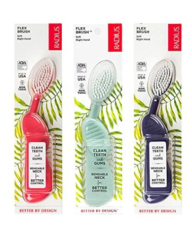 RADIUS Flex Brush Toothbrush Designed to Improve Gum Health & Reduce Gum Issues - Right Hand - Purple/Watermelon/Mint Green - Pack of 3