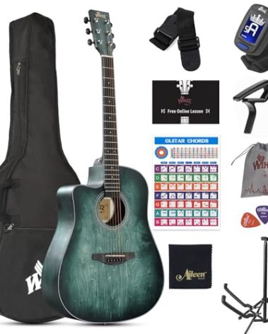 WINZZ HAND RUBBED Series - Left Handed 41 Inches Cutaway Acoustic Acustica Guitar Beginner Starter Bundle with Online Lessons, Padded Bag, Stand, Tuner, Capo, Chords, Strap, Picks, Dark Hunter Green