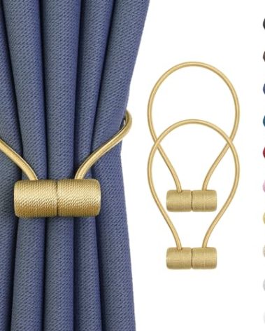 Remunkia Magnetic Curtain Tiebacks 2 Pack, Curtain Tie Backs Holder, Outdoor Curtains Tiebacks Window Treatment Holdbacks with Strong Magnet for Home Bedroom Office Decorative Drape Curtains - Gold