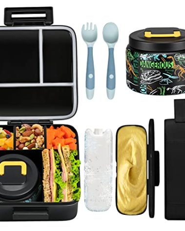 JXXM Bento Lunch Box for Kids With 8oz Soup thermo,Leak-proof Lunch Containers with 5 Compartment,thermo Food Jar and Lunch Bag, Food Containers for School (A-Black(Dinosaur Fossil))