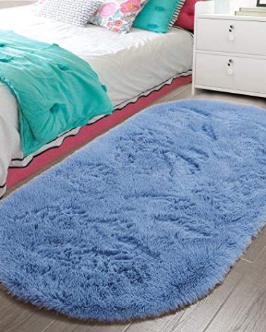 LOCHAS Fluffy Bedroom Rug 2.6' x 5.3', Shaggy Area Rug for Bedroom Bedside, Soft Oval Throw Rugs Carpet for Living Room Kids Girls Home Decor Light Navy