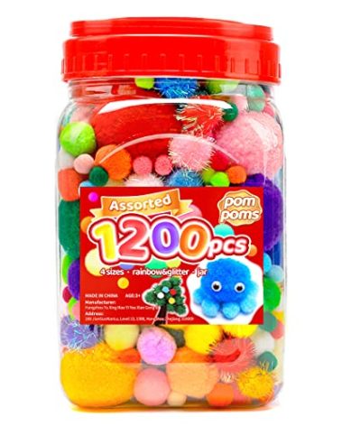 Iooleem Multi-Color Pom Poms, 1200pcs Assorted Size & Color, Pom Poms for Arts and Crafts, Pom Pom Balls with Wiggle Eyes in jar, Glitter Pom Poms, Craft Supplies.