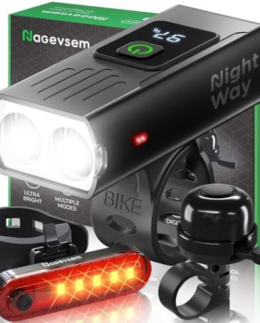Nagevsem Bike Lights Set of 3 pcs w/Bicycle Bell - LED Super Bright - Rechargeable USB-C Headlight Front & Back Light for Night Riding in Mountain - Gift for Men Women Boys Kids Black