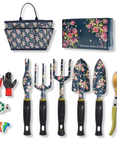 Ebbniur Garden Tool Set, 25Pcs Heavy Duty Floral Garden Tools, Aluminum Rust-Proof Gardening Kit with Garden Shovel, Trowel, Pruner, Gloves, Ideal Gardening Gift