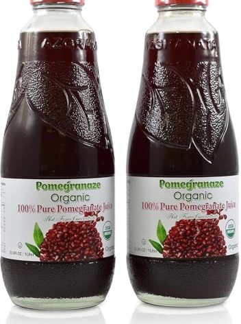 100% Organic Pomegranate Juice, 33.8 Oz Glass Bottle (2 Pack) No Sugar, No Artificial Colors, No Preservatives, No Flavors Added, Gluten Free and Kosher