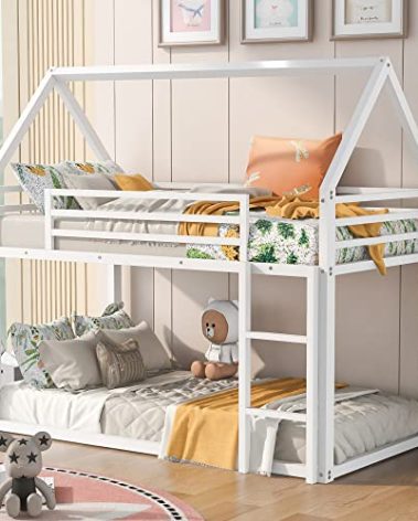 Merax Bunk Bed Twin Over Twin Metal Floor Bunk Bed with Ladder, House Shaped Bunk Bed Frame with Metal Slats for Dormitory and Bedroom, Space Saving, No Box Spring Needed