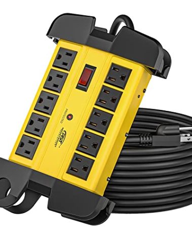 CRST 10-Outlets Heavy Duty Power Strip Metal Surge Protector with 15 Amps, 15-Foot Power Cord 2800 Joules for Garden, Kitchen, Office, School, ETL Listed(3165047) (10-Outlet, Yellow)