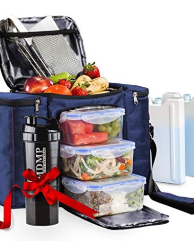 My Daily Meal Plan Navy Blue 45 Oz. Insulated Lunch Bag/Box For Men, Women + 3 Large Food Containers + 2 Big Reusable Ice Packs + Shoulder Strap + Shaker With Storage
