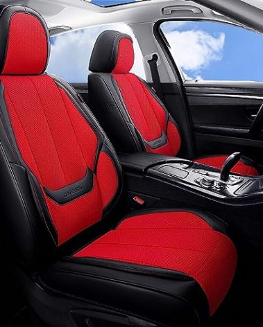 Coverado Seat Covers Full Set, Breathable Fabric&Leather Car Seat Cover, 5 Seats Universal Car Seat Protectors, Seat Cover Waterproof, Front and Rear Seat Cover Fit Most Cars, BlackRed