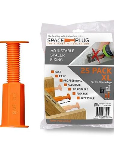 Space-Plug Adjustable Spacer Fixings (XL Size for 45-80mm Gaps), 25 Pack of Original Orange Spacers, Professional & DIY use for Kitchen, Bedroom, Bathroom & Furniture installations