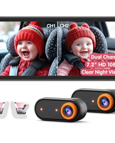 LUCKVIEW BM5 PRO Baby Car Camera for 2 Kids, 7.2" 1080P Dual Channel Display for Car Seat, Easy Installation with 2 IR Night Vision Cameras, Rear Seat Safety for Babies and Pets