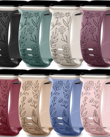 Easuny 8 Pack Bands for Women Compatible with Apple Watch 40mm 41mm 38mm 42mm 44mm 45mm 46mm 49mm iWatch Series 11 10 9 8 7 6 5 4 3 Ultra SE 3 SE 2nd, Soft Silicone Floral Engraved Dressy Wrist Straps