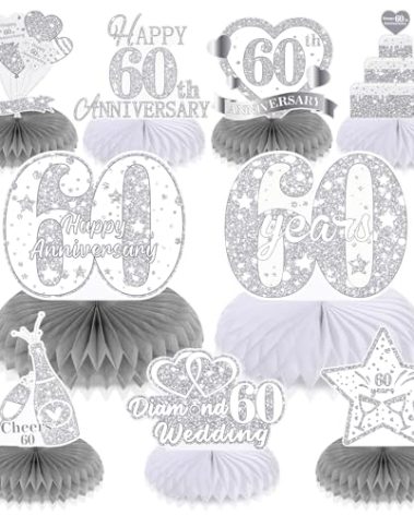 RUMIA 9Pcs 60th Wedding Anniversary Decorations 60th Diamond Wedding Anniversary Honeycomb Centerpiece Diamond Wedding Anniversary Table Toppers Centerpiece Decorations