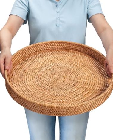 Rattan Large Serving Tray, Wicker Round Fruit/Bread Serving Basket, Extra Large Decorative Ottoman Tray for Living Room, Coffee Table, Breakfast, 16.9 inch