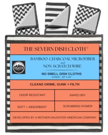 Severn Dish Cloths for Washing Dishes 4pk. No-Smell Dish Rags with Non-Scratch Wire Scrubber Side for Kitchen Cleaning. Grime-Fighting Bamboo-Charcoal Microfiber 2-Sided Dishrags. Machine Wash + Dry