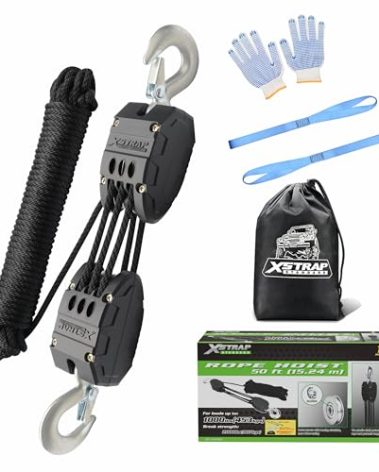 ‌XSTRAP STANDARD Heavy-Duty Block and Tackle Pulley System, 1000LB wCapacity, 5:1 Lifting Power, 50FT Rope Hoist with 2 Soft Loops for Garage, Hunting, Tree Cutting, Deer Hoist, DIY Attic Lift, Black