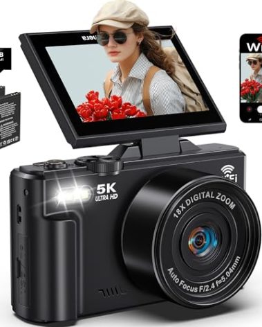 5K Digital Camera for Photography, 75MP WiFi Vlogging Camera for YouTube with 3" 180° Flip Screen, 18X Zoom UHD Autofocus Video Camara with 32GB SD Card, 2 Batteries
