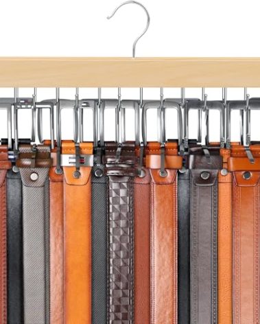 Belt Hanger for Closet Max 42 Belts, Sturdy Wood Belts Rack Closet Accessories with 14 Hooks Belt Organizer for Men Organizers and Storage -Wood 1 Pack