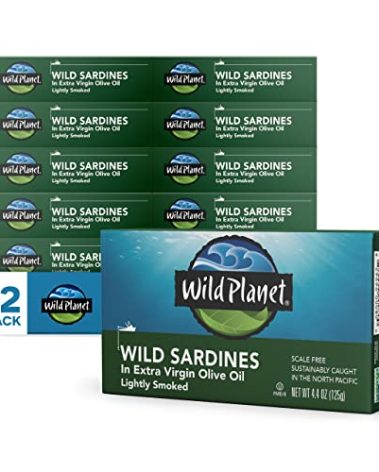 Wild Planet Wild Sardines in Extra Virgin Olive Oil, Lightly Smoked, Tinned Fish, Sustainably Wild-Caught, Non-GMO, Kosher, Gluten Free, 4.4. Ounce (Pack of 12)