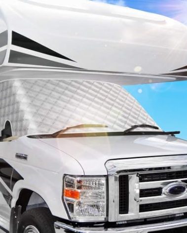 BougeRV RV Windshield Window Snow Cover for Class C Ford E450 1997-2025 Motorhome, Windshield Cover for Ice and Snow RV Front Window Sunshade Cover RV Accessories 4 Layers with Mirror Cutouts Silver