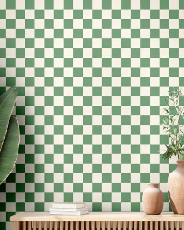 Drydiet Retro Checkered Peel and Stick Wallpaper 70s Funky Checkered Contact Paper Geometric Waterproof Wallpaper Neutral Checkerboard Decor for Bathroom Cabinet(Green,16.4' X 15.75'')