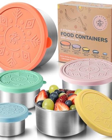 Everusely - Stainless Steel Containers with Lids - Set of 5, Bright Collection - Leakproof Stainless Steel Food Containers - Nesting Snack Holders - Metal Lunch Box - Portable & Reusable Meal Kit