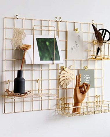 FRIADE Wall Grid Panel for Photo Display,Wall Storage Organizer,5 Metal Clips & 3 S Hooks & 4 Nails & 4 Plastic Hanging Buckles and 4 Screws Offered,Size 17.5" x 11.8",2 Pack(Gold)