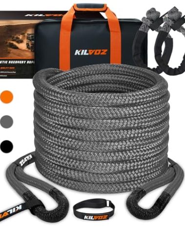 Kinetic Recovery Rope (1" x 30ft-48,600lbs), with 2pcs 1/2in UHMWPE Soft Shackles, Heavy-Duty Offroad 35% Elasticity Energy Tow Straps for ATV UTV Car Truck SUV Tractor-Gray