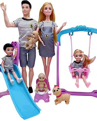 Familydolls Dolls Set of 6 People with Pregnant Mom Dad 3 Kids and Baby Boy in Mommy's Tummy, Doll Playsets and Accessories for 3-12 Years Old Toddlers Gift