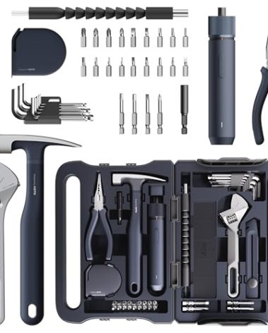 HOTO 40-Piece Tool Kit, Household Essentials tool set w/Smart Electric Screwdriver (LED, 3 Torque) + 14 Tools & 26 Accessories | Pro-Grade Compact Organizer for Home, Dorm Repairs, DIY