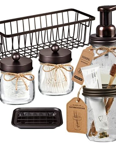 SheeChung 6Pack Mason Jar Bathroom Accessories Set - Foaming Soap Dispenser, Toothbrush Holder, 2Pack Qtip Holders, Bathroom Sink Set, Guest Towel Holder- Bronze
