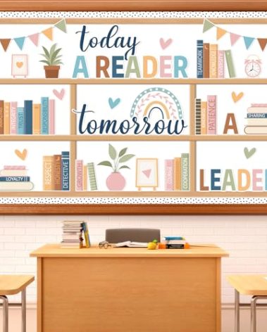76PCS Boho Reading Bulletin Board Set Read Bookshelf Bulletin Board Decorations Motivational Library Rainbow Paper Cutouts Bookshelf Inspirational Classroom Decor for Back to School Home Wall