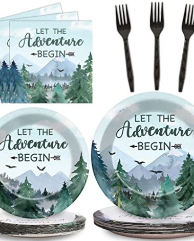 Adventure Awaits Baby Shower Tableware Let The Adventure Begin Plates Pine Tree Mountain Wilderness Dinnerware Disposable Paper Dinnerware For Baby Shower Birthday Party Decor Supplies 24 Guests