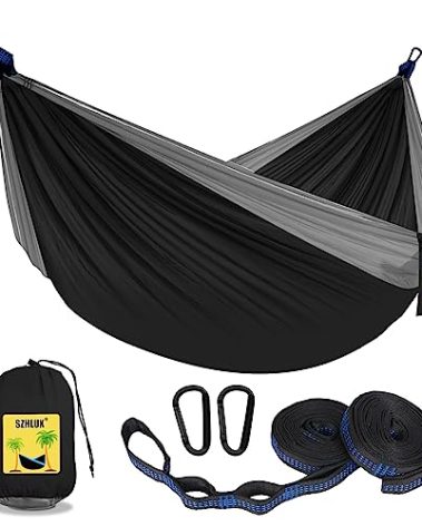 SZHLUX Camping Hammock Double & Single Portable Hammocks with 2 Tree Straps, Great for Hiking,Backpacking,Hunting,Outdoor,Beach,Camping,Black / Grey