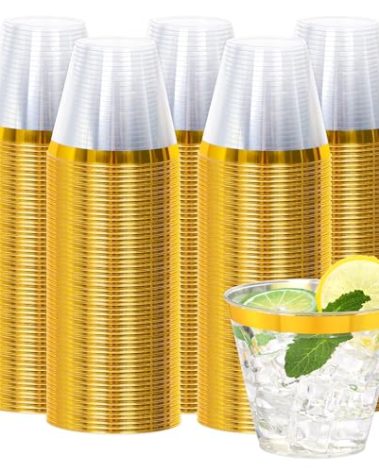 Upigi 200 Pcs Gold Plastic Cups,9Oz Gold Rimmed Plastic Cups,Heavy Duty Gold Rim Clear Disposable Plasitc Cocktail Tumblers Wine Cup for Party,Wedding,Birthday,Christmas