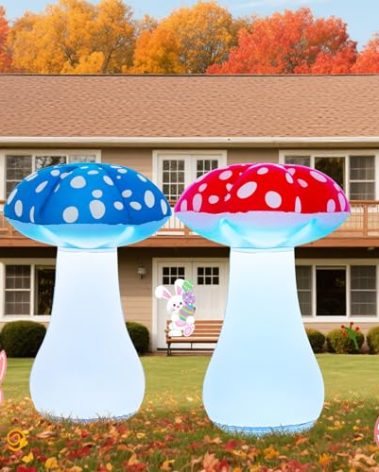Rossesay 2 Pcs 32 Inch LED Light up Mushroom Inflatables Blow up Decorations for Fall Christmas Holiday Outdoor Backyard Garden Lawn Decoration (Red and Blue)
