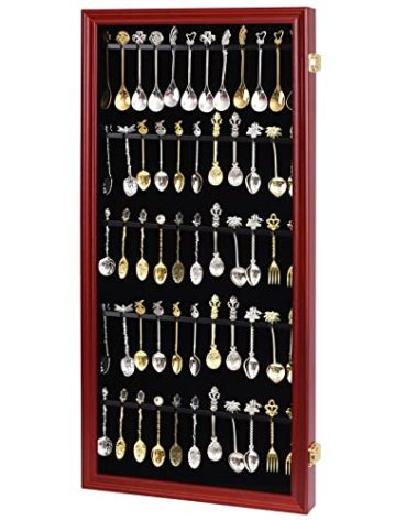 COMSREV 60 Souvenir Tea Spoon Display Case Collection Collector Rack Wall Mount Wooden w/98% UV Acrylic Door Lockable(60 Spoons-Cherry)