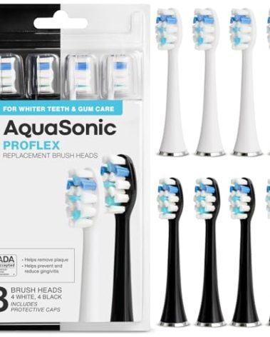 AquaSonic Duo PRO 8-Pack Replacement Brush Heads - Upgraded Proflex Brush Heads for Improved Plaque Removal - ADA Accepted - Genuine AquaSonic