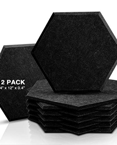 Sonic Acoustics 12 Pack Hexagon Acoustic Panels, 14" X 12" X 0.4" High Density Sound Absorbing Panels Sound Proof Insulation Beveled Edge Studio Treatment Tiles-Black