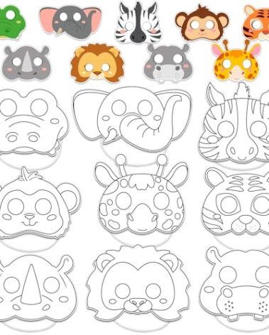 Lonfliness 36 Set Animal Coloring Mask Jungle Paper Arts Crafts Kids Color Your Own Wild Lion Blank DIY Mask Masquerade Birthday Party Dress-Up Decoration Favor School Classroom Activity Game Supplies
