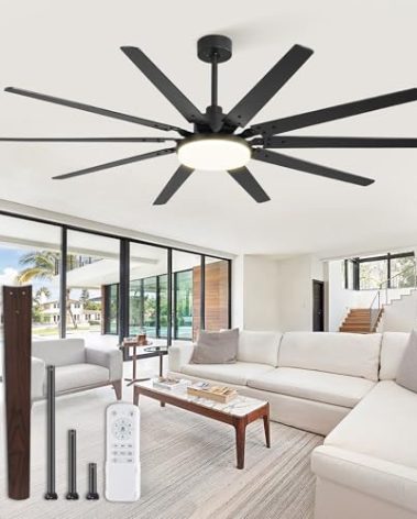 72 inch Large Ceiling Fans with Lights and Remote, Outdoor Black Ceiling Fan with 10 Blades, 32W LED light 3 CCT, 6 Speed Reversible Quiet DC Motor, Modern Ceiling Fan for Living Room Patio