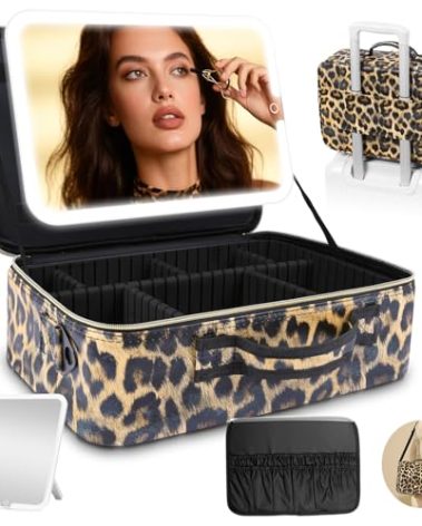 15''X11'' Large Makeup Bag with Removable Lighted Mirror, Professional Travel Make up Bag with Mirror and Light Cosmetic Train Case Organizer, PU Leather with Adjustable Dividers & Brush Storage Board