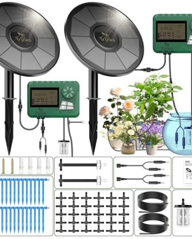 Solar Irrigation System with Automatic DIY Water Timer 2 Pack TRJZWA 2025 Latest Drip Irrigation Kit for Garden, Balcony, Supports 15 Potted Plants with 15 Meter Drip Hose