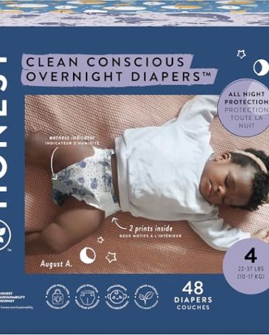 The Honest Company Clean Conscious Overnight Diapers for Sensitive Skin | Hypoallergenic, Fragrance Free | Cozy Cloud + Star Signs | Club Box, Size 4 (22-37 lbs), 48 Count