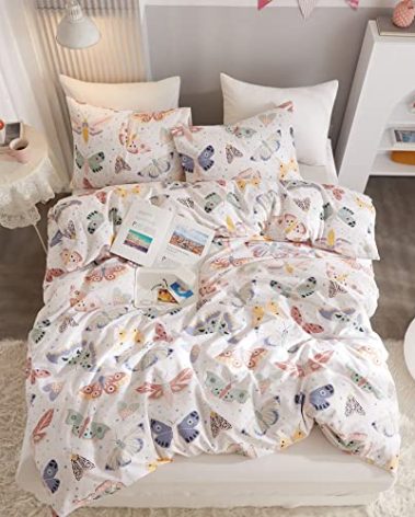 Ivellow Queen Duvet Cover Set 100% Cotton Butterfly White Duvet Cover for Kids Cute Bedding Set 3Pcs Ultra Soft Breathable Kids Duvet Cover Patterned Cartoon Comforter Cover Boys Girls Toddler Teen