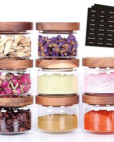 Tzerotone 8 Pcs Spice Containers - 8.5oz Glass Spice Jars With Acacia Airtight Lid and Labels - Stackable Empty Round Spice Bottles for kitchen Seasoning, coffee bean, tea, suger, herbs
